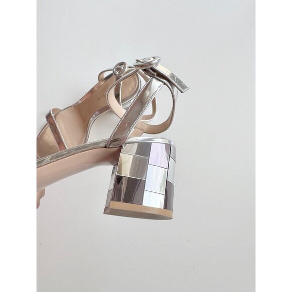 GIANVITO ROSSI Silver Leather Mirrored Block Heel Wraparound Sandals, Size 40 - Picture 8 of 13